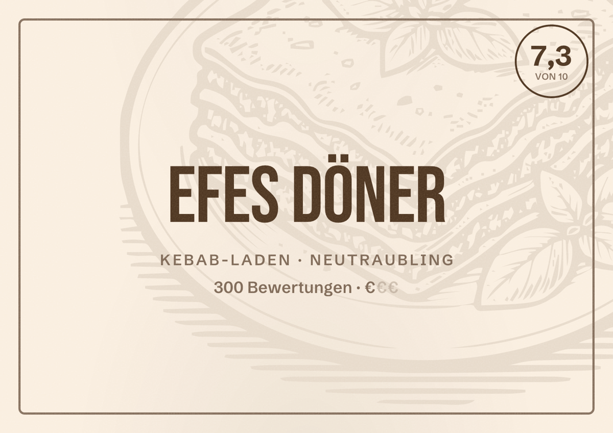 Illustriertes Poster von Efes Döner, Kebab-Laden in Neutraubling: Bewertung 7,3 von 10 aus 300 Bewertungen, Preisniveau €