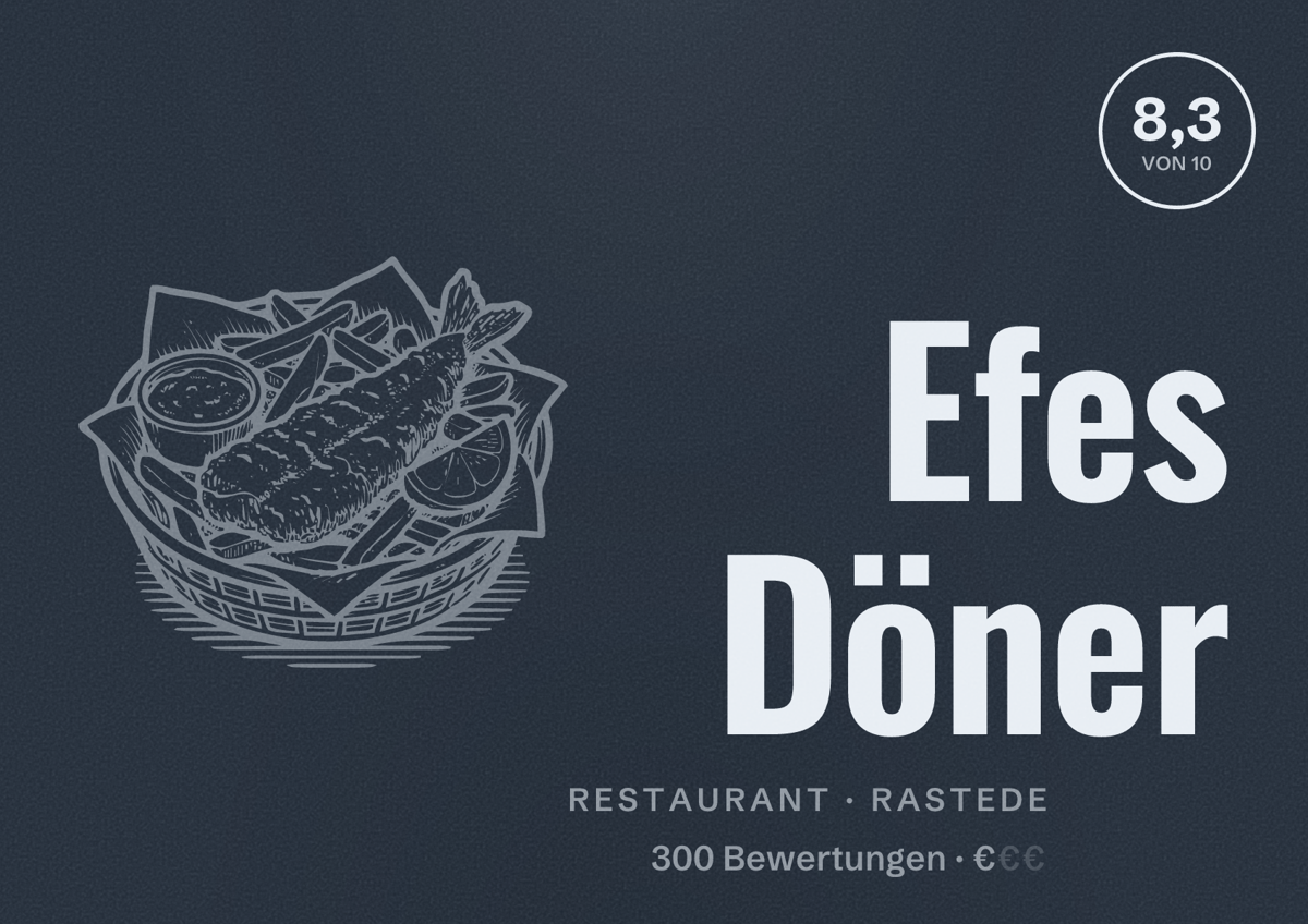 Illustriertes Poster von Efes Döner, Restaurant in Rastede: Bewertung 8,3 von 10 aus 300 Bewertungen, Preisniveau €