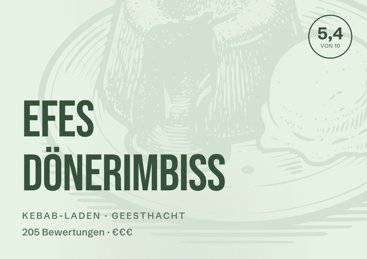 Illustriertes Poster von Efes Dönerimbiss, Kebab-Laden in Geesthacht: Bewertung 5,4 von 10 aus 205 Bewertungen, Preisniveau €€€