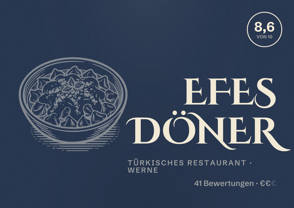 Illustriertes Poster von Efes Döner, Türkisches Restaurant in Werne: Bewertung 8,6 von 10 aus 41 Bewertungen, Preisniveau €€