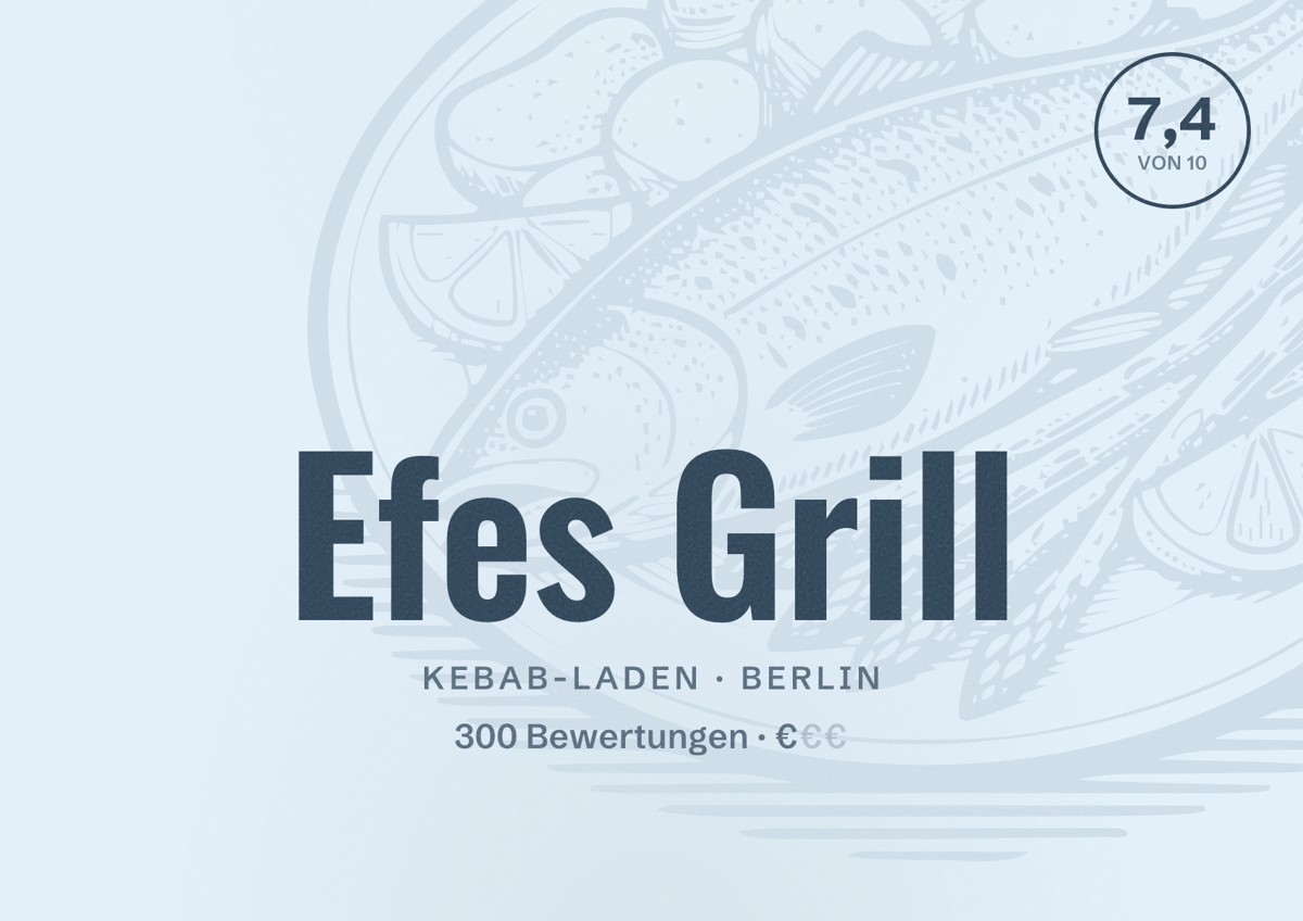 Illustriertes Poster von Efes Grill, Kebab-Laden in Berlin: Bewertung 7,4 von 10 aus 300 Bewertungen, Preisniveau €