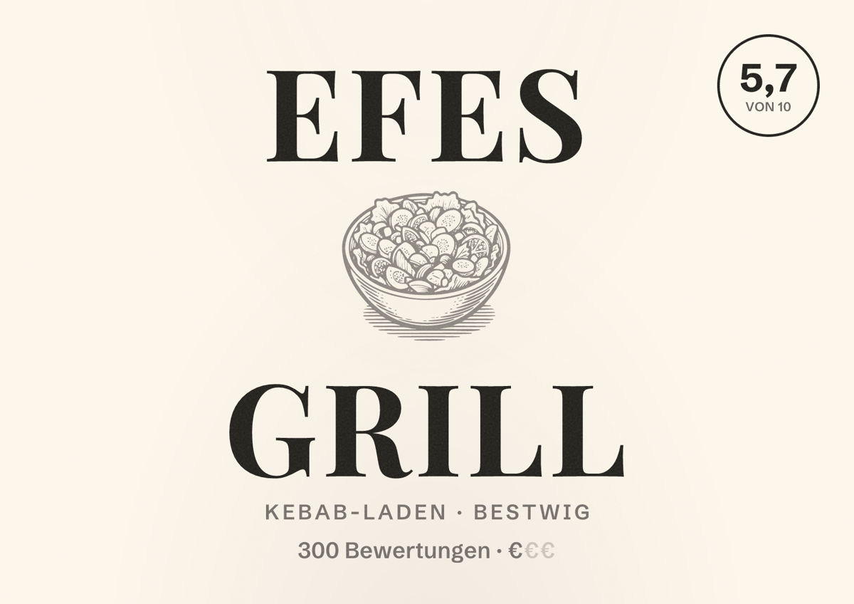Illustriertes Poster von Efes Grill, Kebab-Laden in Bestwig: Bewertung 5,7 von 10 aus 300 Bewertungen, Preisniveau €