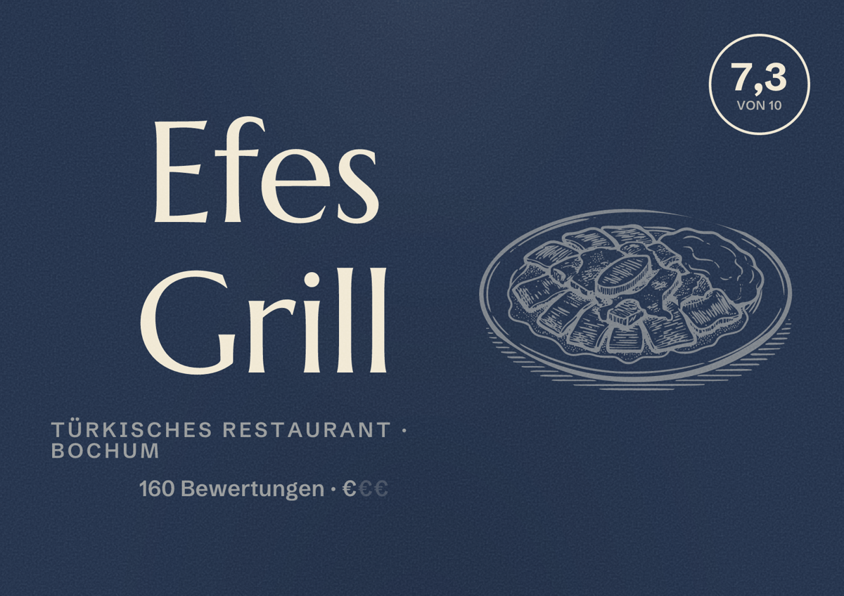 Illustriertes Poster von Efes Grill, Türkisches Restaurant in Bochum: Gästebewertung 7,3 von 10 aus 160 Bewertungen