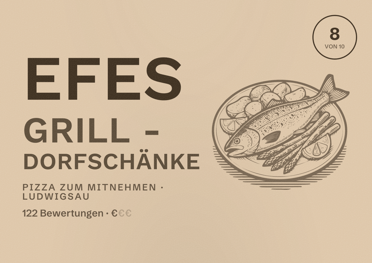 Illustriertes Poster von Efes Grill - Dorfschänke, Pizza zum Mitnehmen in Ludwigsau: Bewertung 8 von 10 aus 122 Bewertungen, Preisniveau €