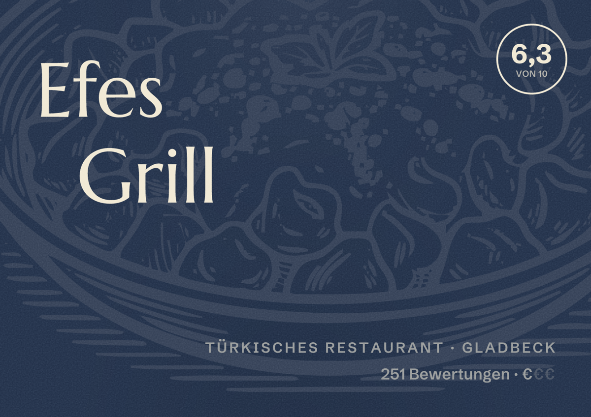 Illustriertes Poster von Efes Grill, Türkisches Restaurant in Gladbeck: Bewertung 6,3 von 10 aus 251 Bewertungen, Preisniveau €