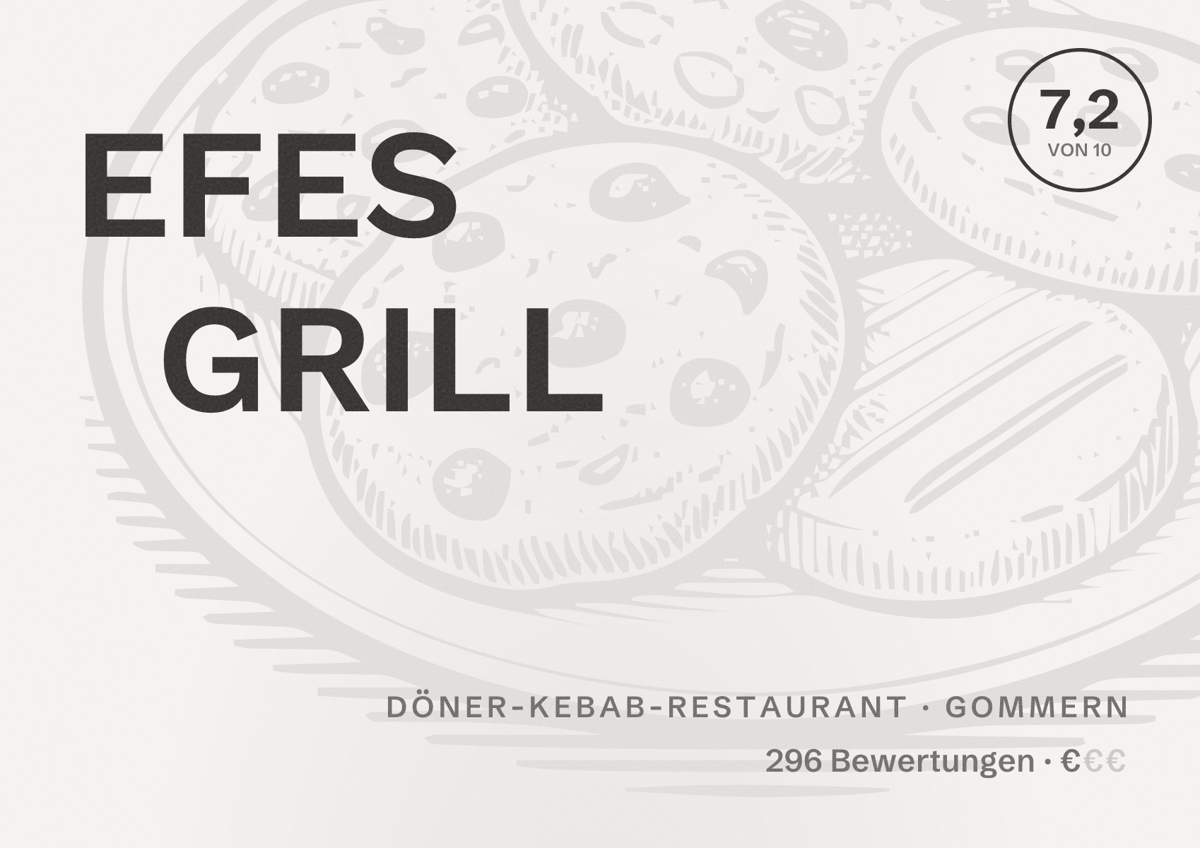 Illustriertes Poster von EFES GRILL, Döner-Kebab-Restaurant in Gommern: Bewertung 7,2 von 10 aus 296 Bewertungen, Preisniveau €