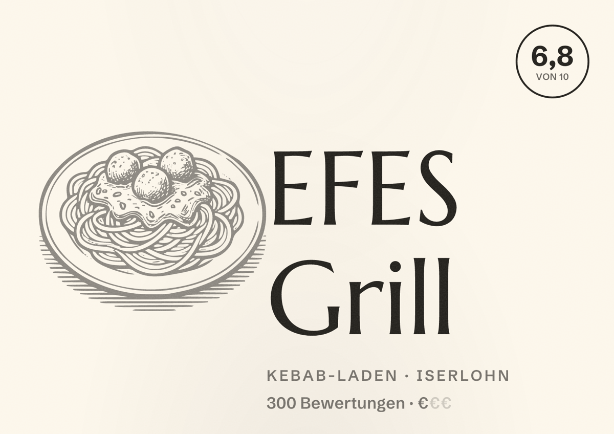 Illustriertes Poster von EFES Grill, Kebab-Laden in Iserlohn: Bewertung 6,8 von 10 aus 300 Bewertungen, Preisniveau €