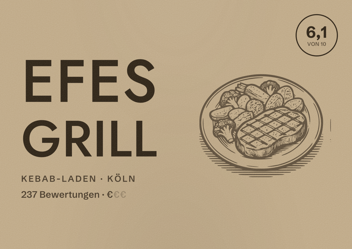 Illustriertes Poster von Efes Grill, Kebab-Laden in Köln: Bewertung 6,1 von 10 aus 237 Bewertungen, Preisniveau €