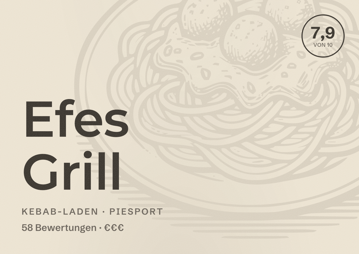 Illustriertes Poster von Efes Grill, Kebab-Laden in Piesport: Bewertung 7,9 von 10 aus 58 Bewertungen, Preisniveau €€€