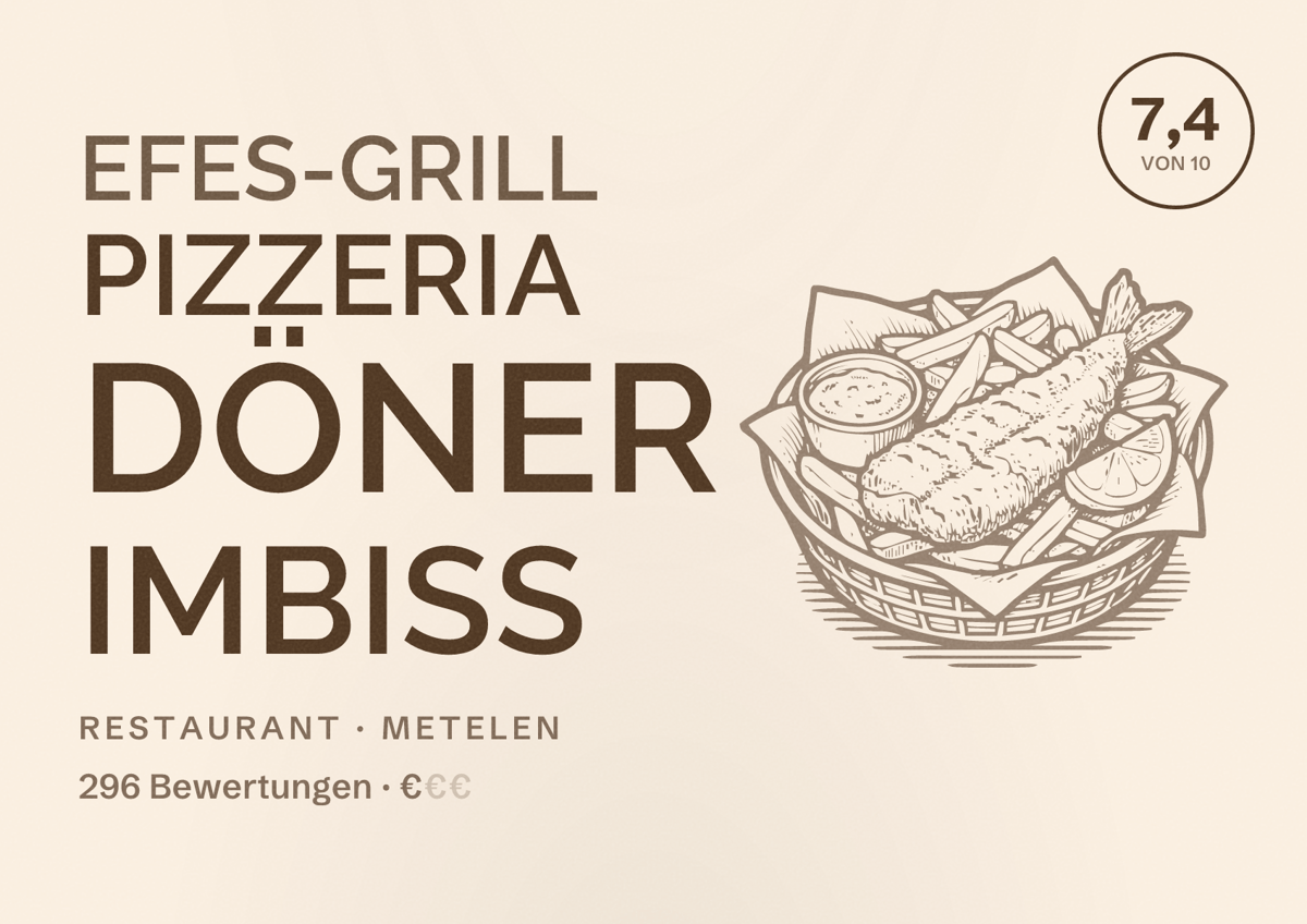 Illustriertes Poster von Efes-Grill Pizzeria Döner Imbiss, Restaurant in Metelen: Bewertung 7,4 von 10 aus 296 Bewertungen, Preisniveau €