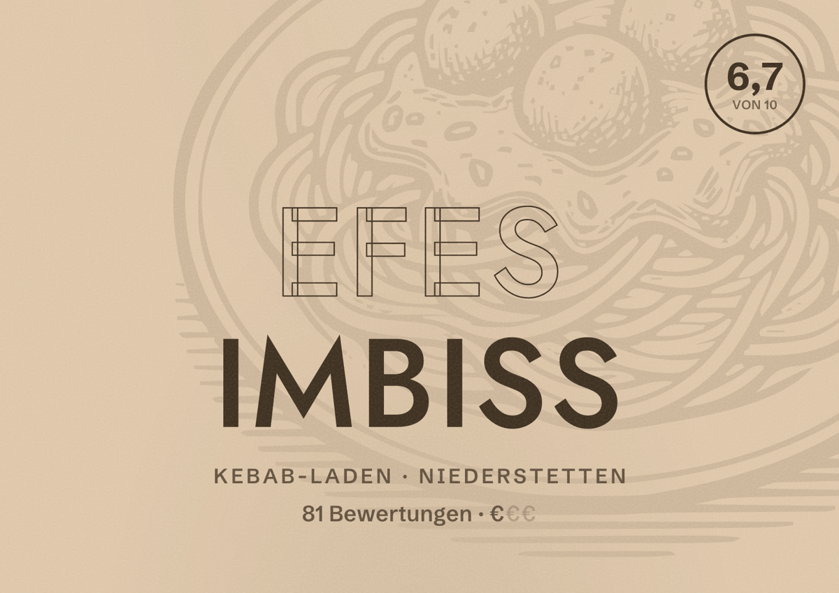 Illustriertes Poster von Efes Imbiß, Kebab-Laden in Niederstetten: Bewertung 6,7 von 10 aus 81 Bewertungen, Preisniveau €