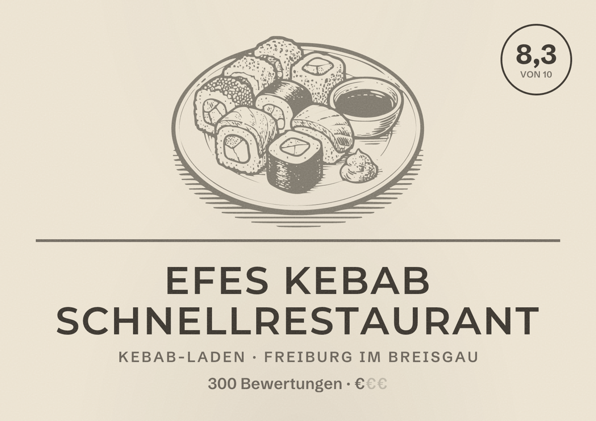Illustriertes Poster von Efes Kebab Schnellrestaurant, Kebab-Laden in Freiburg im Breisgau: Bewertung 8,3 von 10 aus 300 Bewertungen, Preisniveau €