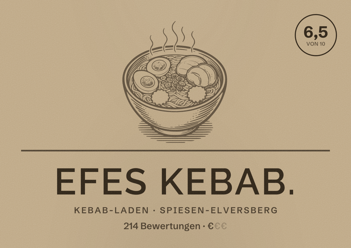 Illustriertes Poster von Efes Kebab., Kebab-Laden in Spiesen-Elversberg: Bewertung 6,5 von 10 aus 214 Bewertungen, Preisniveau €
