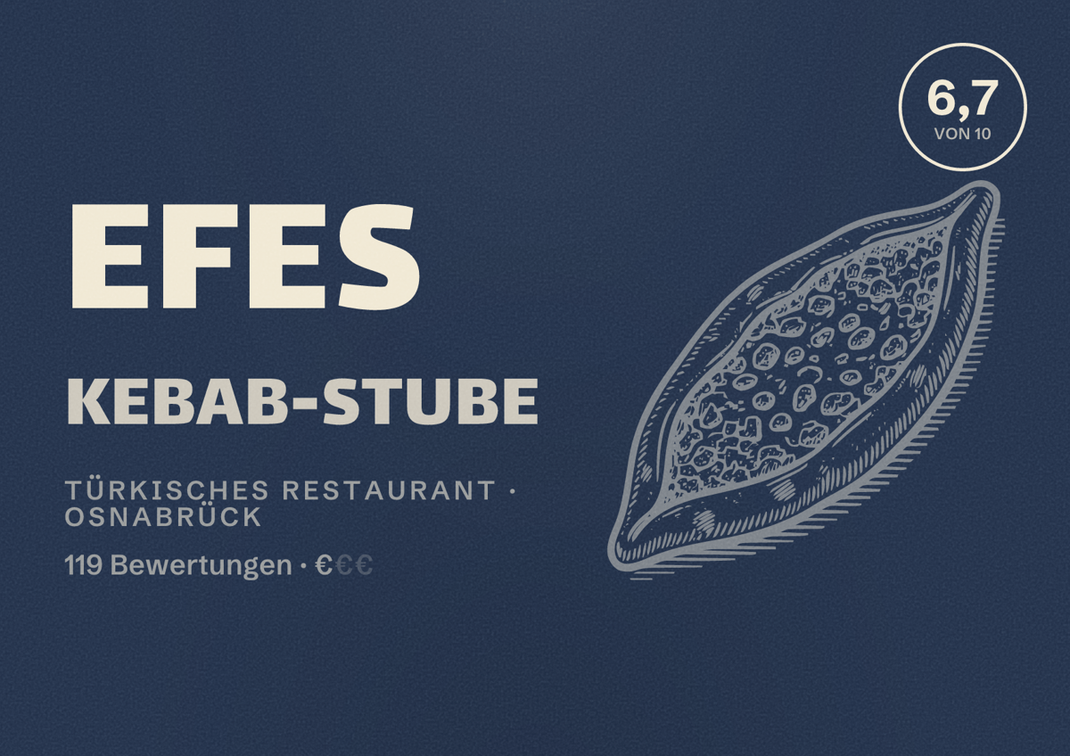 Illustriertes Poster von EFES Kebab-Stube, Türkisches Restaurant in Osnabrück: Bewertung 6,7 von 10 aus 119 Bewertungen, Preisniveau €