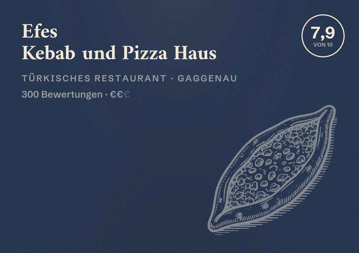 Illustriertes Poster von Efes Kebab und Pizza Haus, Türkisches Restaurant in Gaggenau: Bewertung 7,9 von 10 aus 300 Bewertungen, Preisniveau €€