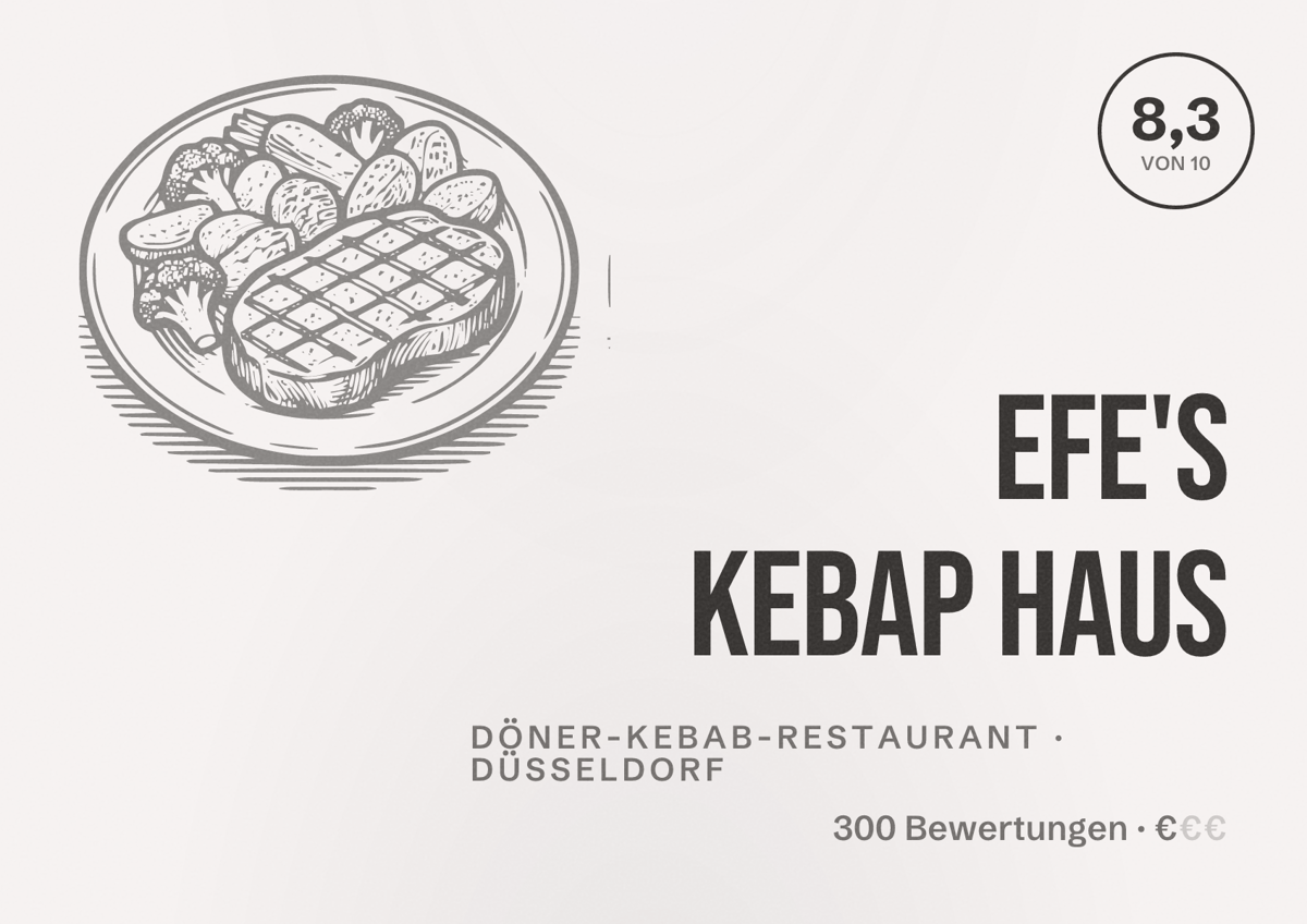 Illustriertes Poster von Efe's Kebap Haus, Döner-Kebab-Restaurant in Düsseldorf: Bewertung 8,3 von 10 aus 300 Bewertungen, Preisniveau €
