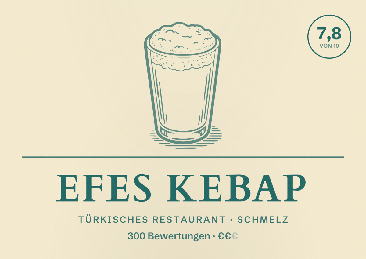 Illustriertes Poster von Efes Kebap, Türkisches Restaurant in Schmelz: Bewertung 7,8 von 10 aus 300 Bewertungen, Preisniveau €€