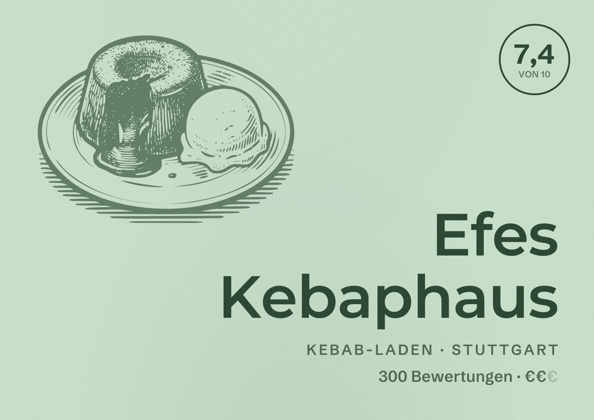 Illustriertes Poster von Efes Kebaphaus, Kebab-Laden in Stuttgart: Bewertung 7,4 von 10 aus 300 Bewertungen, Preisniveau €€