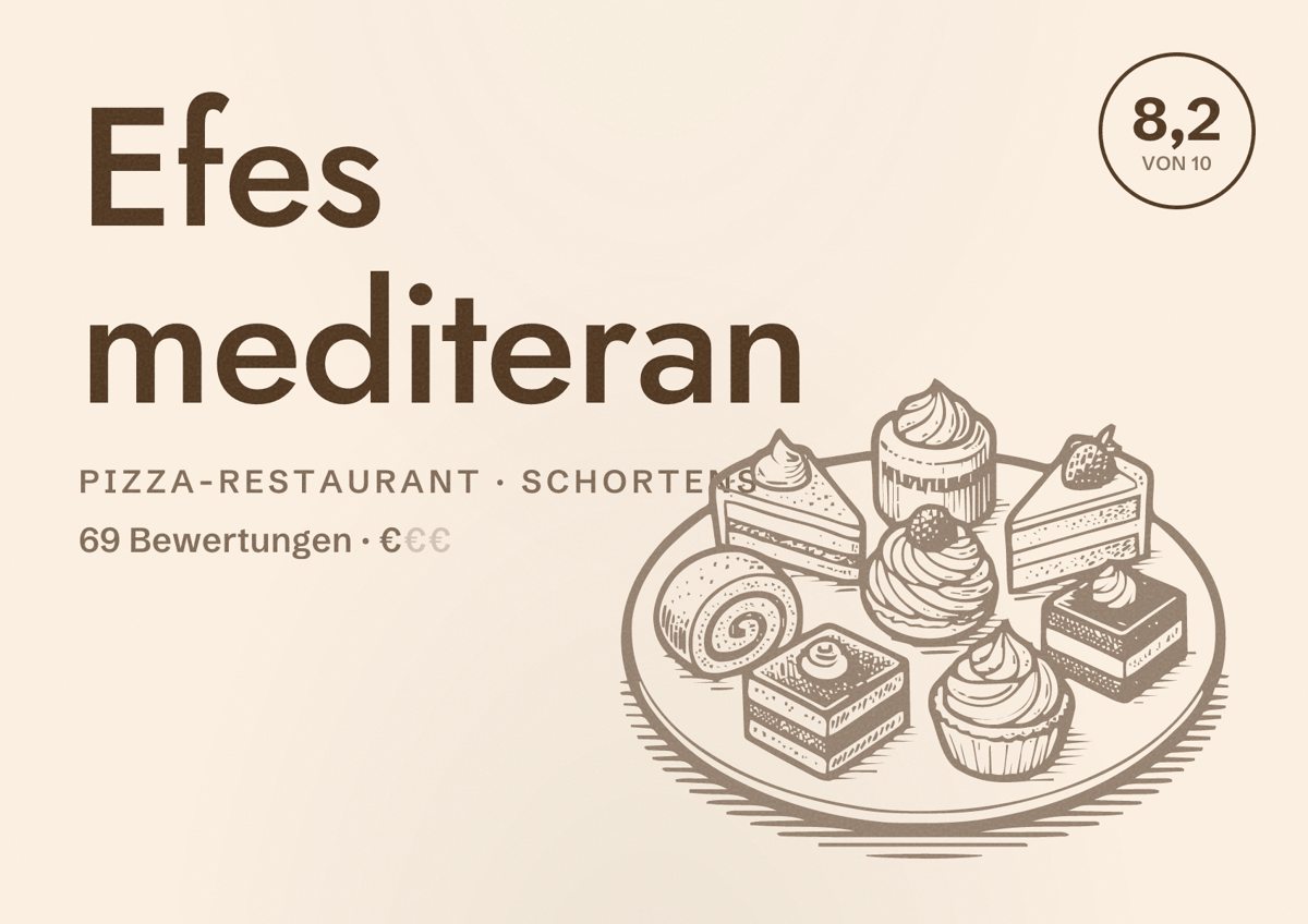 Illustriertes Poster von Efes mediteran, Pizza-Restaurant in Schortens: Bewertung 8,2 von 10 aus 69 Bewertungen, Preisniveau €