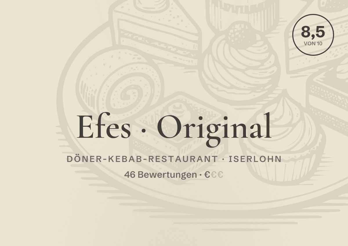 Illustriertes Poster von Efes Original, Döner-Kebab-Restaurant in Iserlohn: Bewertung 8,5 von 10 aus 46 Bewertungen, Preisniveau €