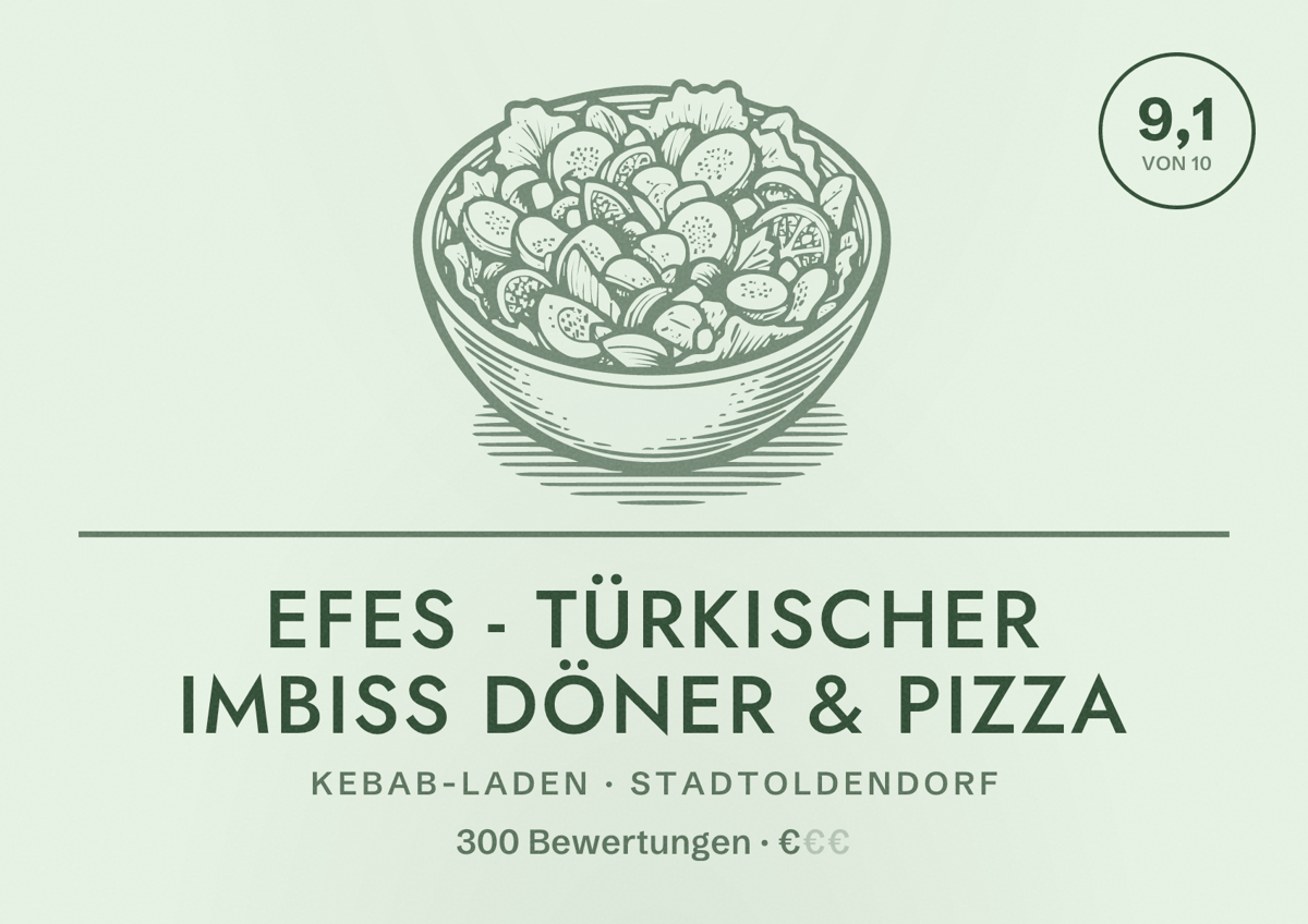 Illustriertes Poster von Efes - Türkischer Imbiss Döner & Pizza, Kebab-Laden in Stadtoldendorf: Bewertung 9,1 von 10 aus 300 Bewertungen, Preisniveau €