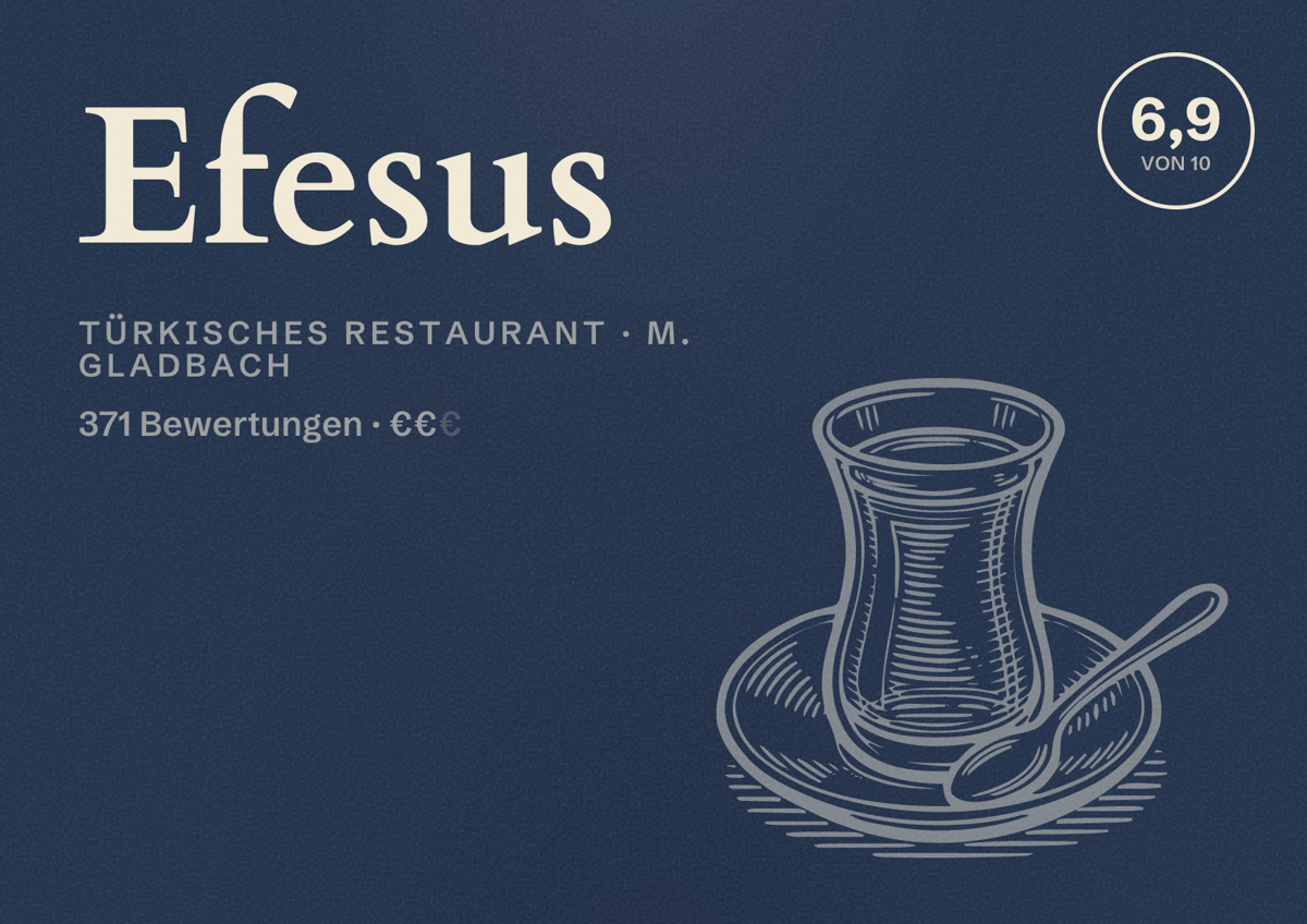 Illustriertes Poster von Efesus, Türkisches Restaurant in M. Gladbach: Bewertung 6,9 von 10 aus 371 Bewertungen, Preisniveau €€