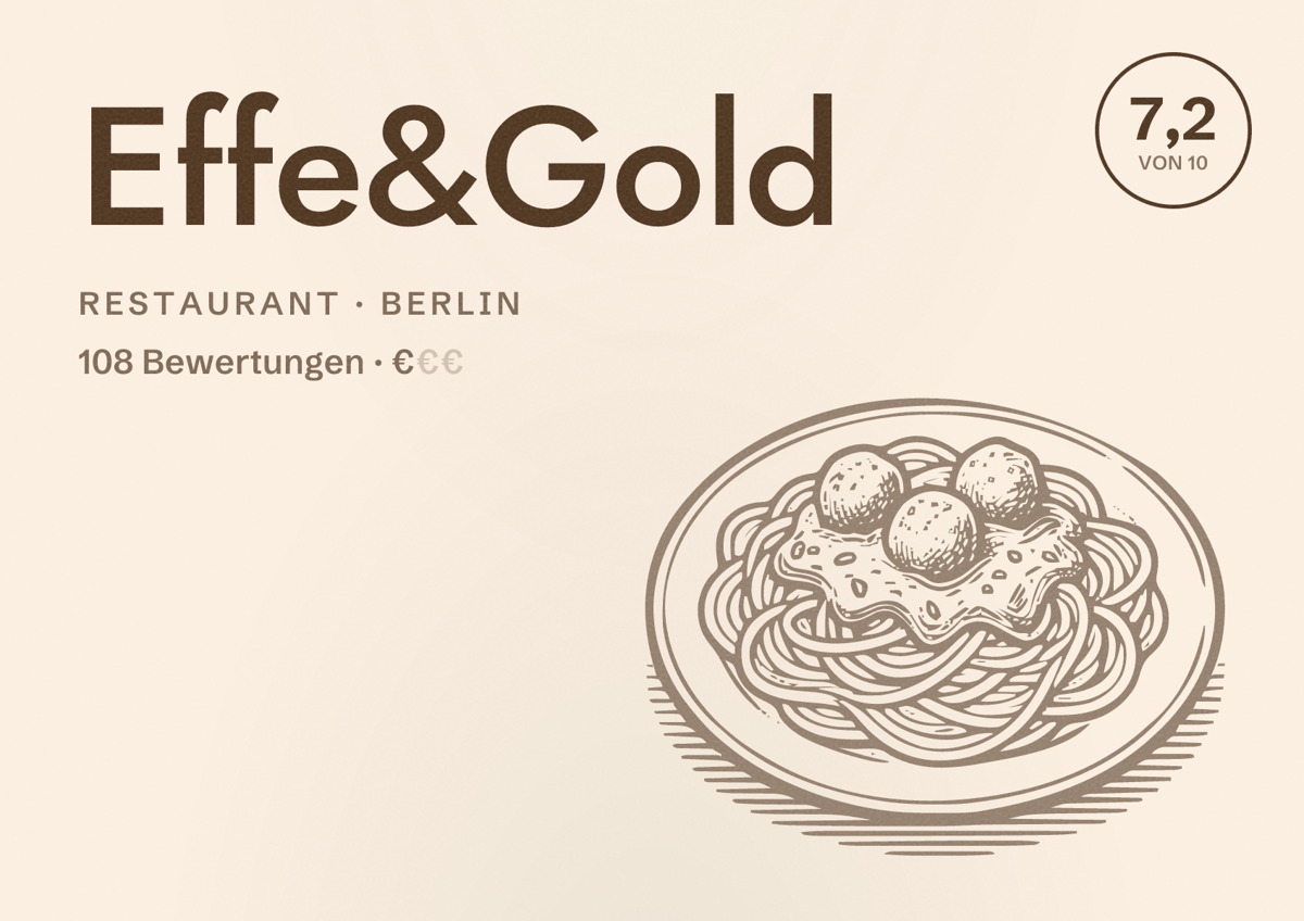 Illustriertes Poster von Effe&Gold, Restaurant in Berlin: Bewertung 7,2 von 10 aus 108 Bewertungen, Preisniveau €