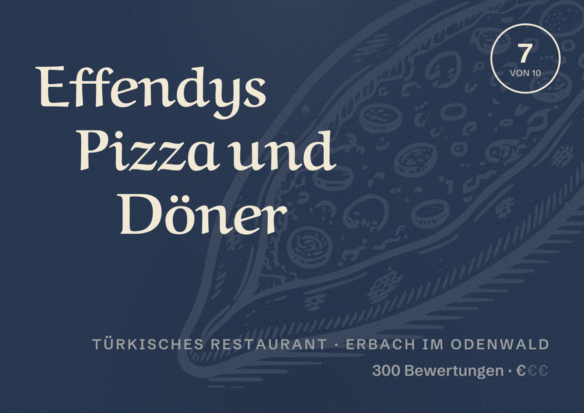 Illustriertes Poster von Effendys Pizza und Döner, Türkisches Restaurant in Erbach im Odenwald: Bewertung 7 von 10 aus 300 Bewertungen, Preisniveau €