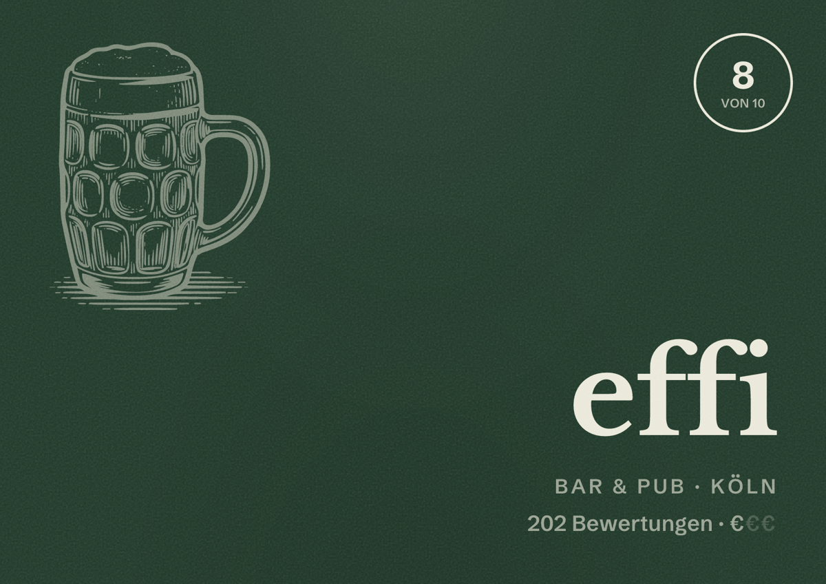 Illustriertes Poster von effi, Bar & Pub in Köln: Bewertung 8 von 10 aus 202 Bewertungen, Preisniveau €