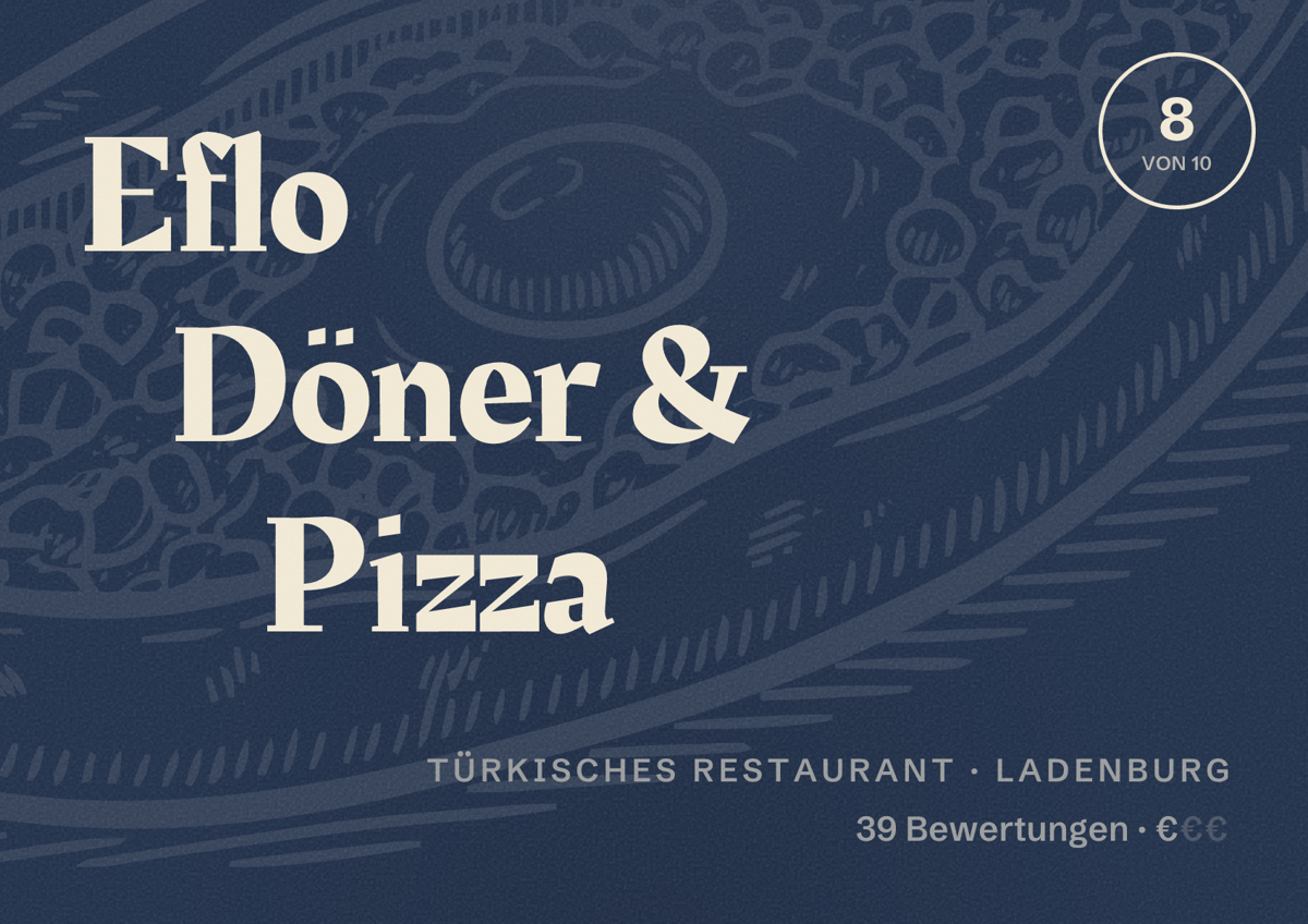 Illustriertes Poster von Eflo Döner & Pizza, Türkisches Restaurant in Ladenburg: Bewertung 8 von 10 aus 39 Bewertungen, Preisniveau €