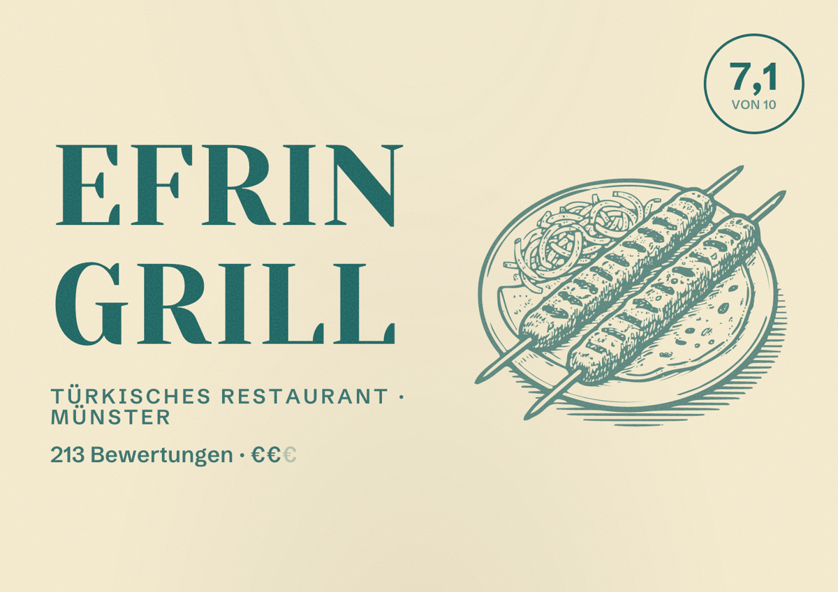 Illustriertes Poster von Efrin Grill, Türkisches Restaurant in Münster: Bewertung 7,1 von 10 aus 213 Bewertungen, Preisniveau €€