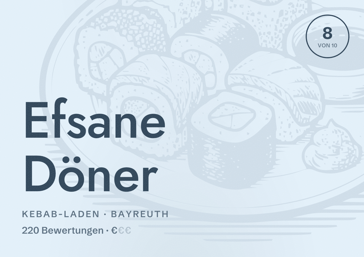 Illustriertes Poster von Efsane Döner, Kebab-Laden in Bayreuth: Bewertung 8 von 10 aus 220 Bewertungen, Preisniveau €