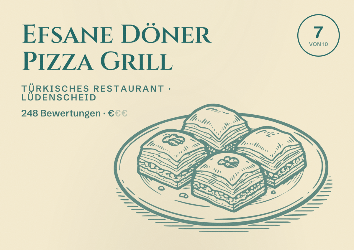 Illustriertes Poster von Efsane Döner Pizza Grill, Türkisches Restaurant in Lüdenscheid: Bewertung 7 von 10 aus 248 Bewertungen, Preisniveau €