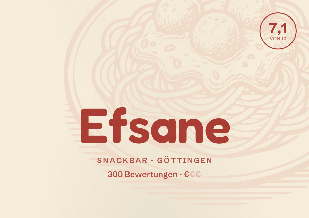 Illustriertes Poster von Efsane, Snackbar in Göttingen: Bewertung 7,1 von 10 aus 300 Bewertungen, Preisniveau €