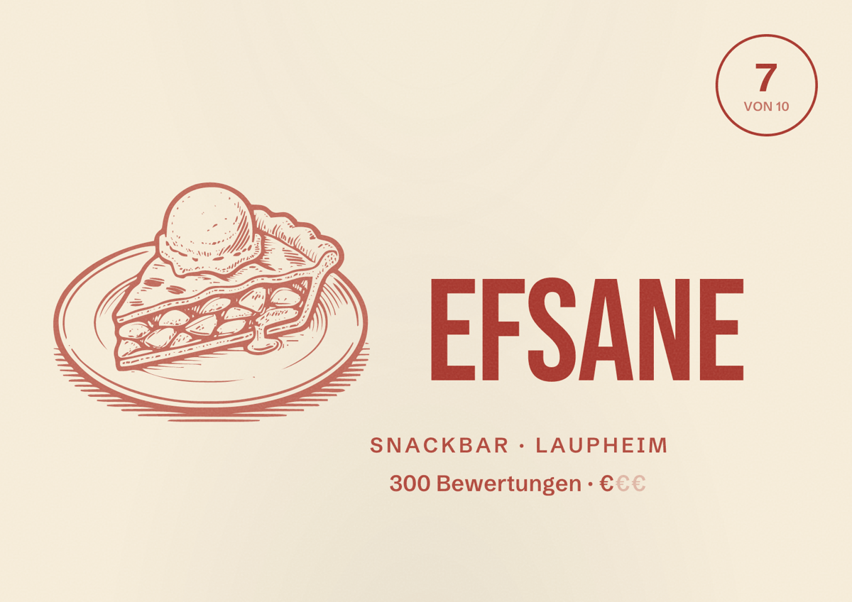 Illustriertes Poster von Efsane, Snackbar in Laupheim: Bewertung 7 von 10 aus 300 Bewertungen, Preisniveau €
