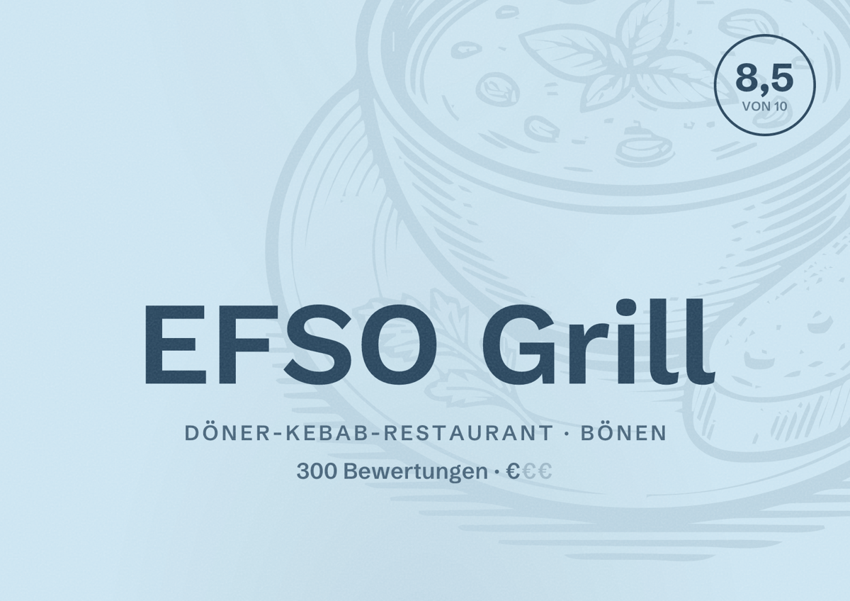 Illustriertes Poster von EFSO Grill, Döner-Kebab-Restaurant in Bönen: Bewertung 8,5 von 10 aus 300 Bewertungen, Preisniveau €