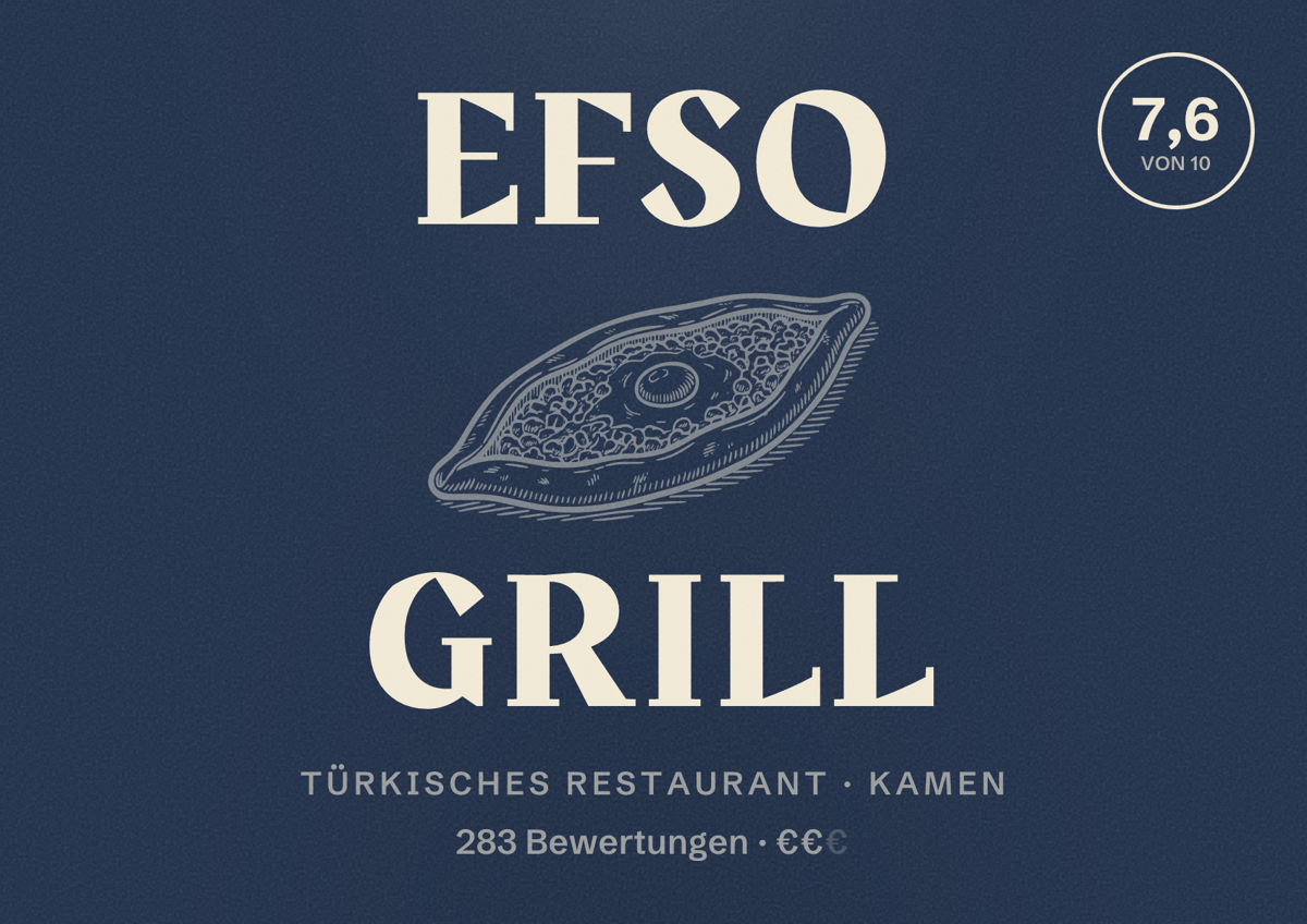 Illustriertes Poster von EFSO Grill, Türkisches Restaurant in Kamen: Bewertung 7,6 von 10 aus 283 Bewertungen, Preisniveau €€