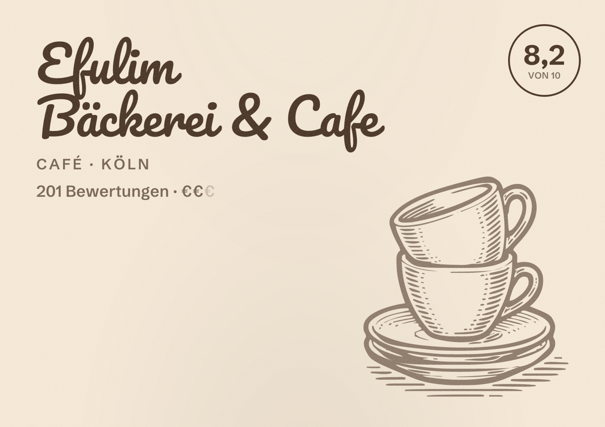 Illustriertes Poster von Efulim Bäckerei & Cafe, Café in Köln: Bewertung 8,2 von 10 aus 201 Bewertungen, Preisniveau €€