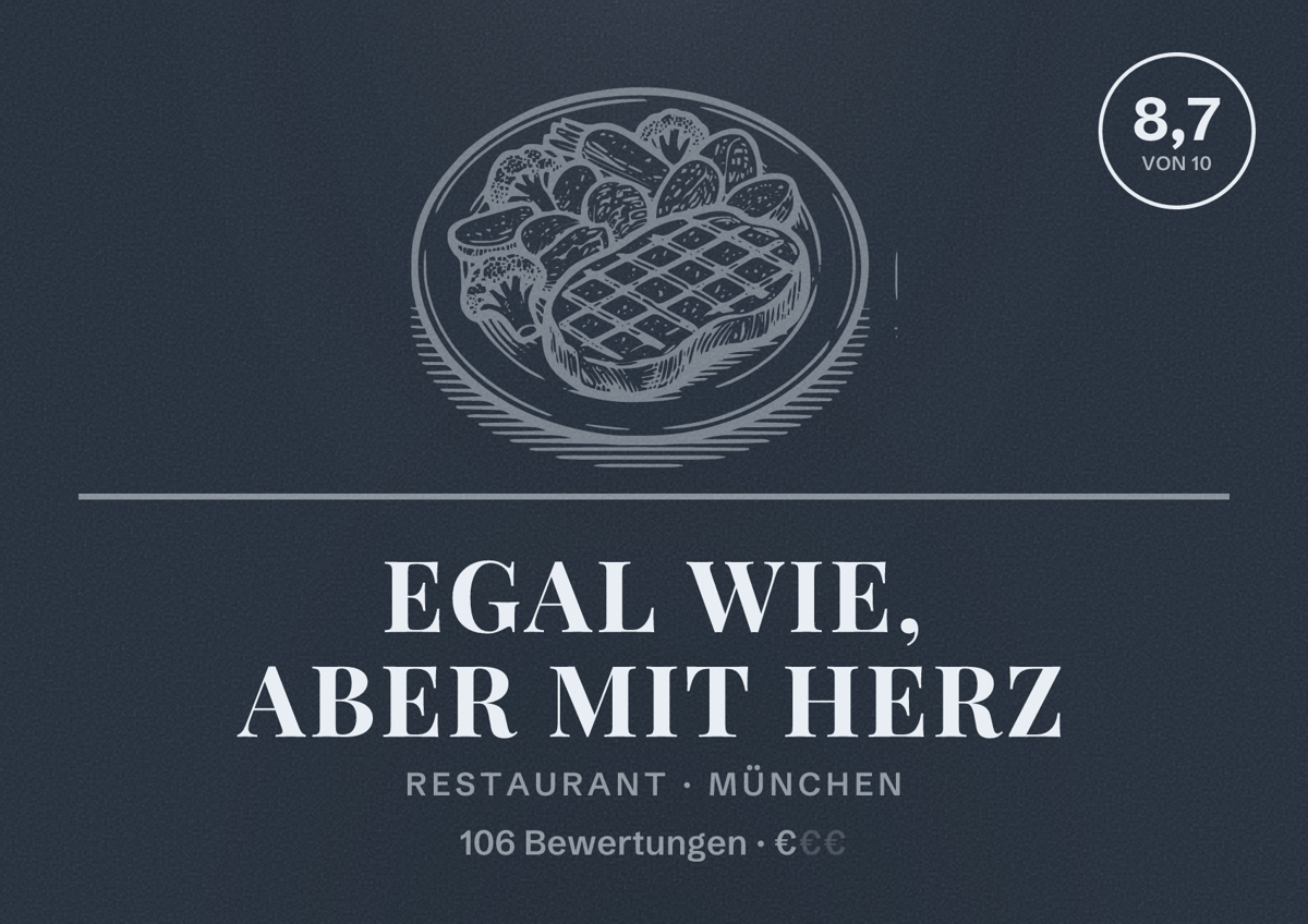 Illustriertes Poster von Egal Wie, Aber mit Herz, Restaurant in München: Bewertung 8,7 von 10 aus 106 Bewertungen, Preisniveau €