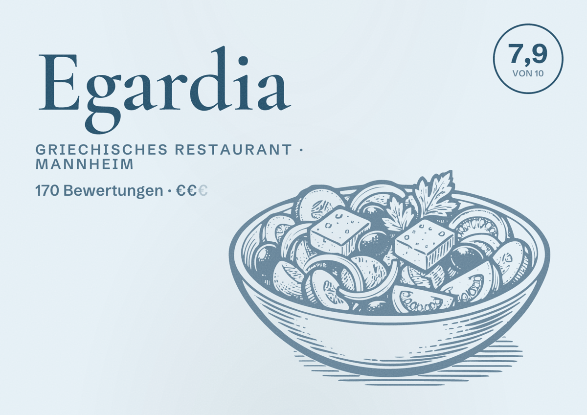 Illustriertes Poster von Egardia, Griechisches Restaurant in Mannheim: Bewertung 7,9 von 10 aus 170 Bewertungen, Preisniveau €€