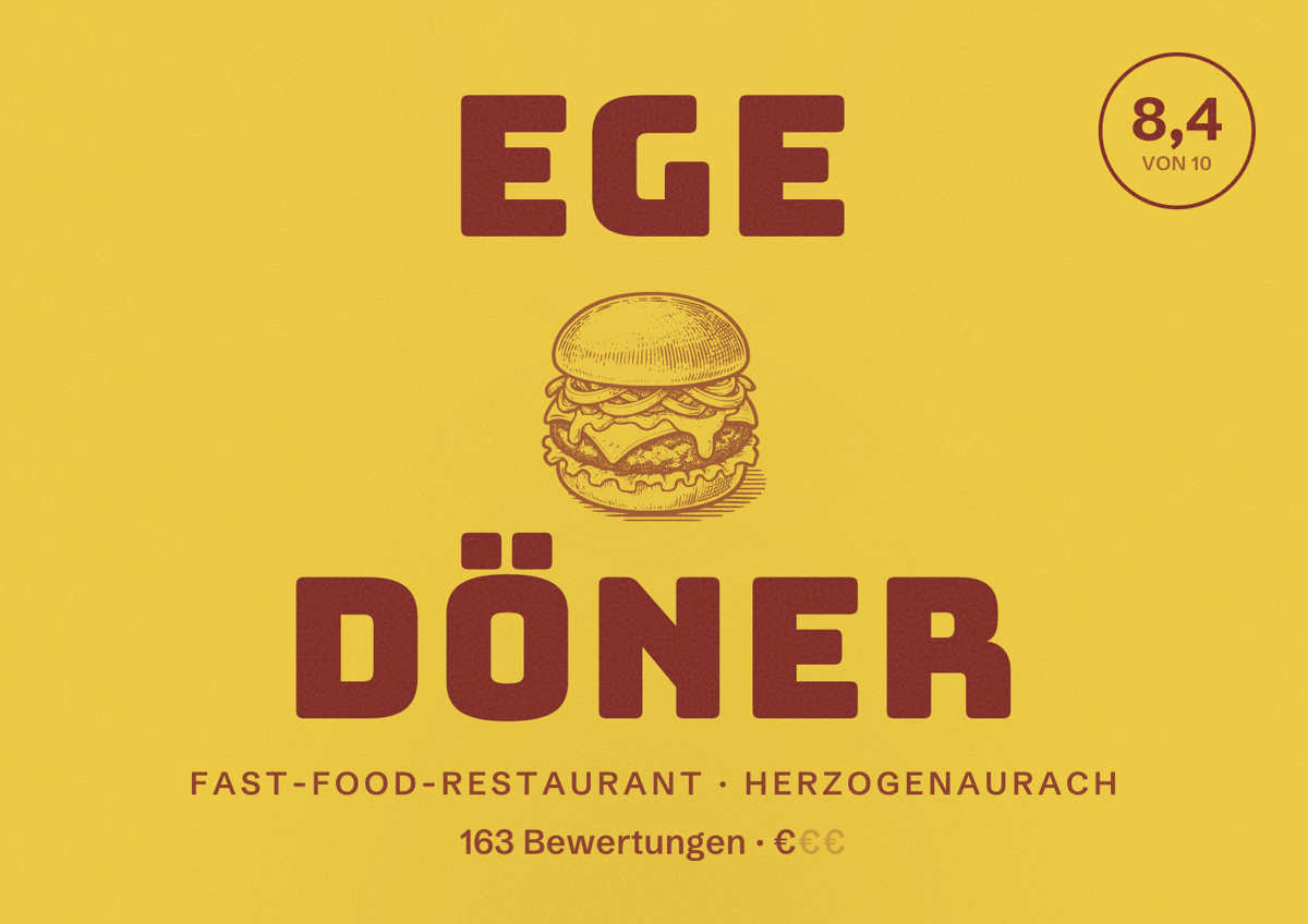 Illustriertes Poster von EGE Döner, Fast-Food-Restaurant in Herzogenaurach: Bewertung 8,4 von 10 aus 163 Bewertungen, Preisniveau €