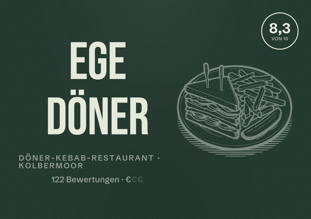 Illustriertes Poster von Ege Döner, Döner-Kebab-Restaurant in Kolbermoor: Bewertung 8,3 von 10 aus 122 Bewertungen, Preisniveau €