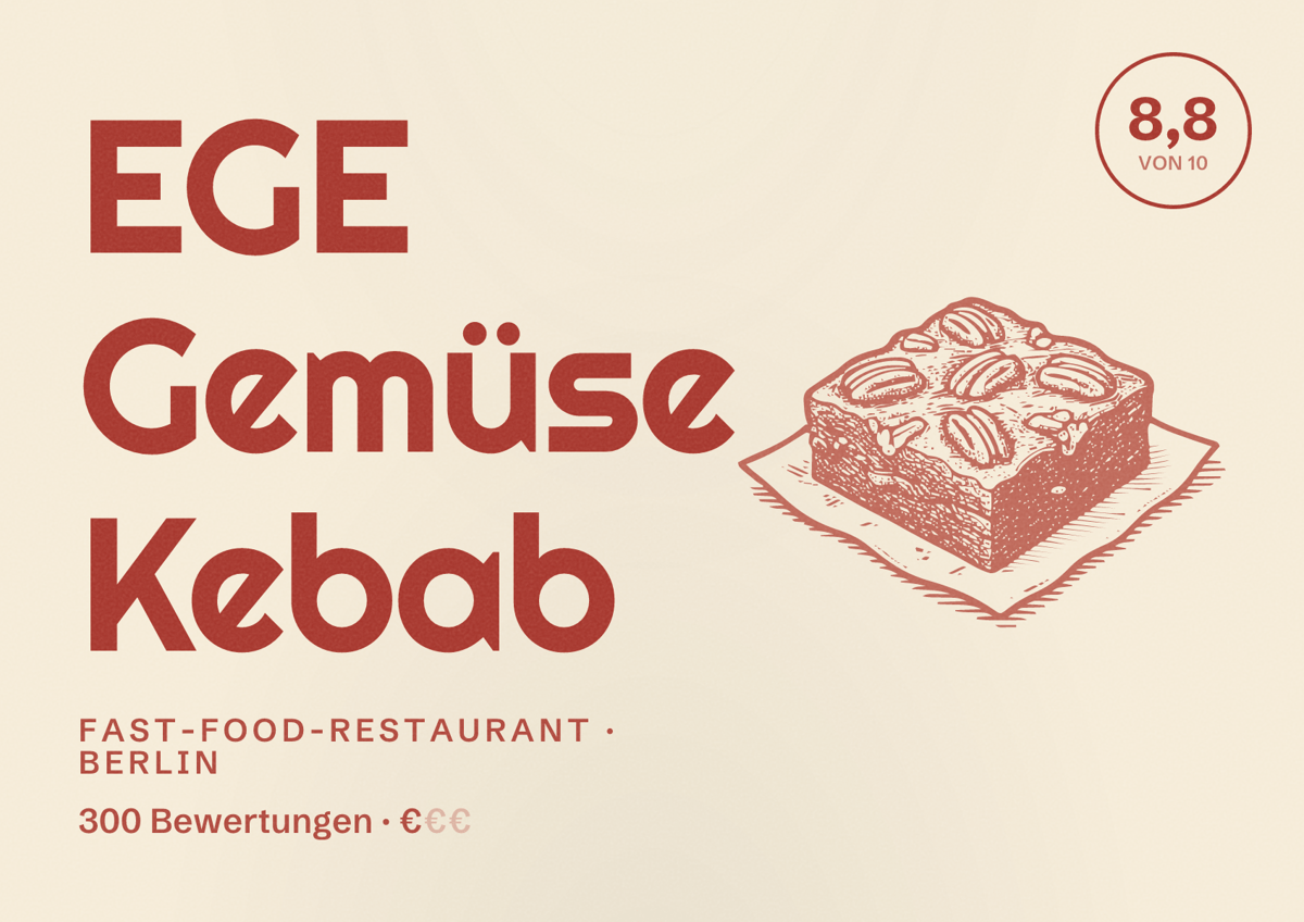 Illustriertes Poster von EGE Gemüse Kebab, Fast-Food-Restaurant in Berlin: Bewertung 8,8 von 10 aus 300 Bewertungen, Preisniveau €