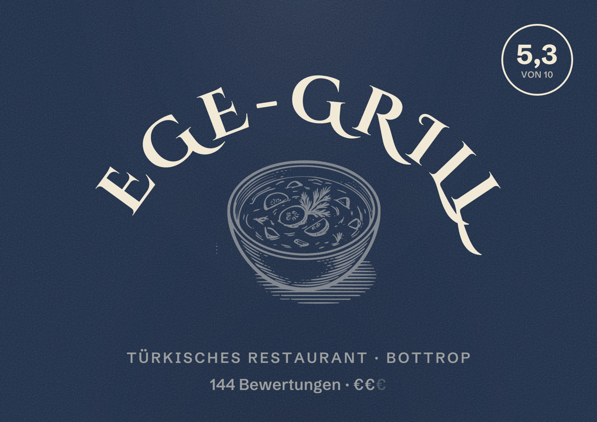 Illustriertes Poster von Ege-Grill, Türkisches Restaurant in Bottrop: Bewertung 5,3 von 10 aus 144 Bewertungen, Preisniveau €€