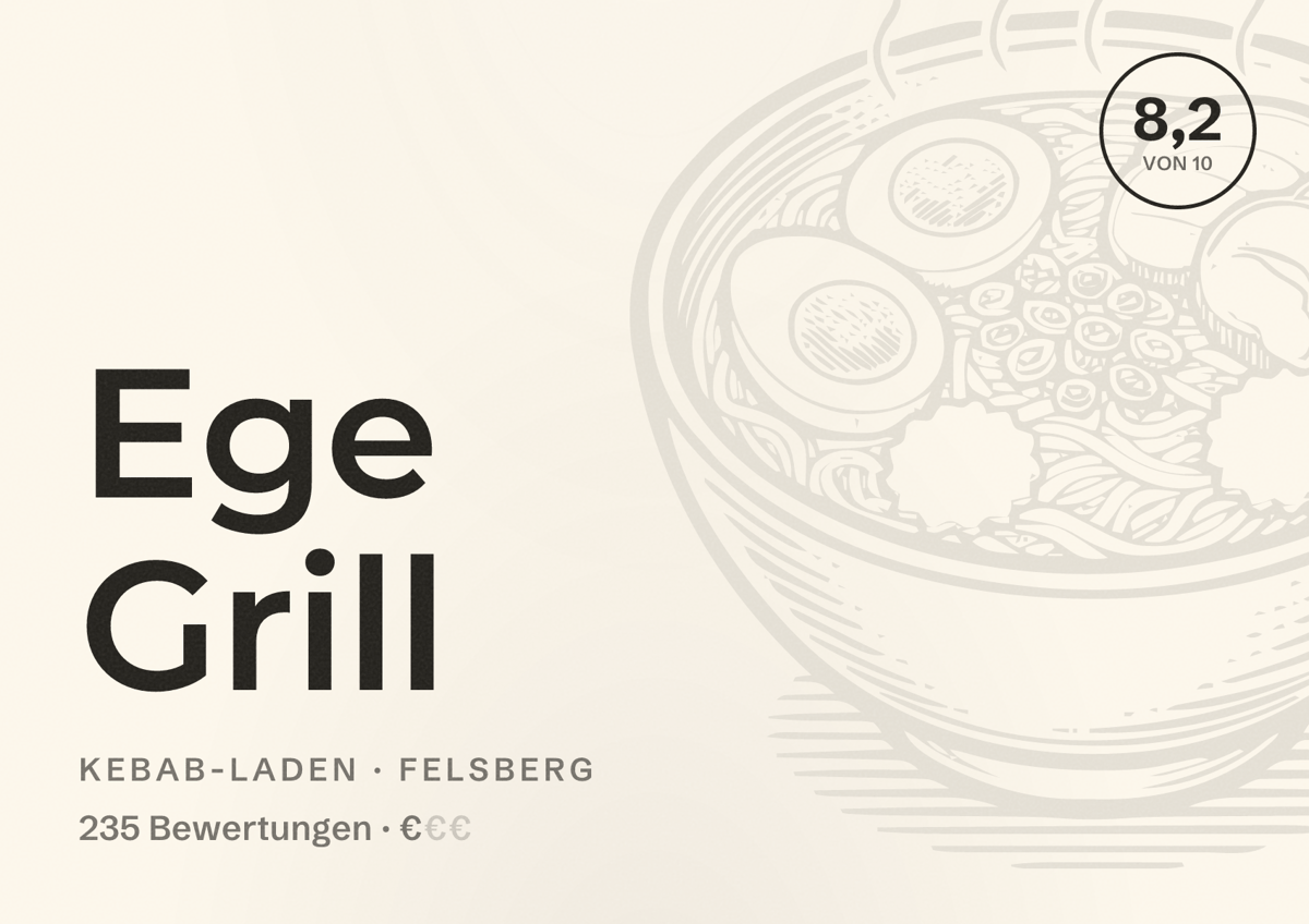 Illustriertes Poster von Ege Grill, Kebab-Laden in Felsberg: Bewertung 8,2 von 10 aus 235 Bewertungen, Preisniveau €