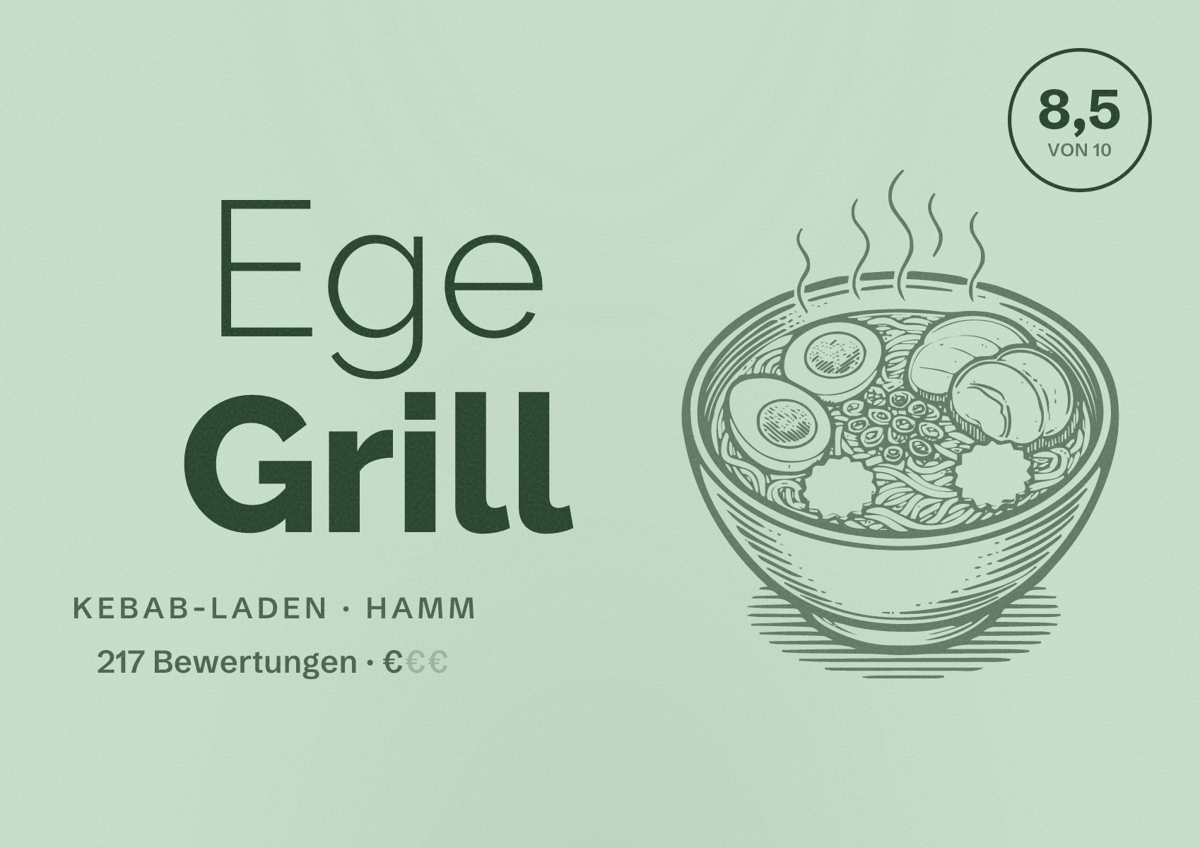 Illustriertes Poster von Ege Grill, Kebab-Laden in Hamm: Bewertung 8,5 von 10 aus 217 Bewertungen, Preisniveau €