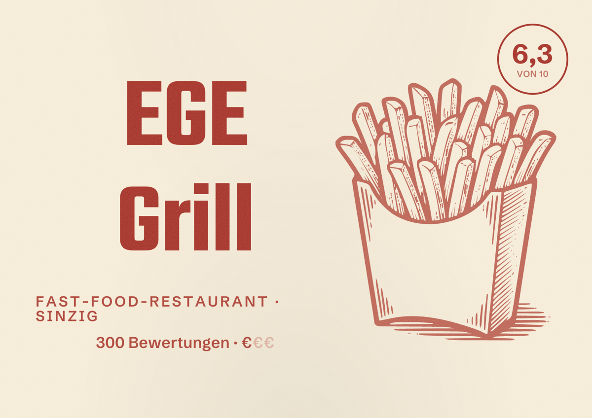 Illustriertes Poster von EGE Grill, Fast-Food-Restaurant in Sinzig: Bewertung 6,3 von 10 aus 300 Bewertungen, Preisniveau €