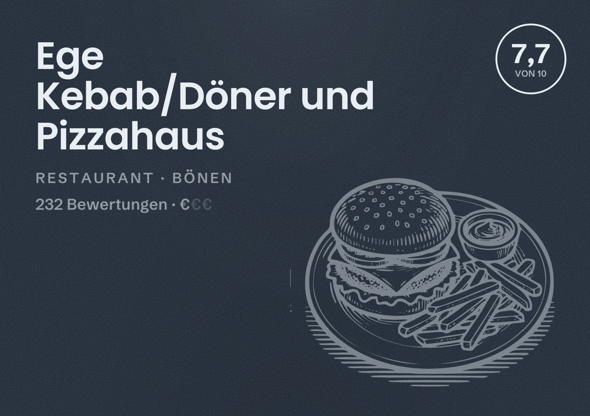 Illustriertes Poster von Ege Kebab/Döner und Pizzahaus, Restaurant in Bönen: Bewertung 7,7 von 10 aus 232 Bewertungen, Preisniveau €