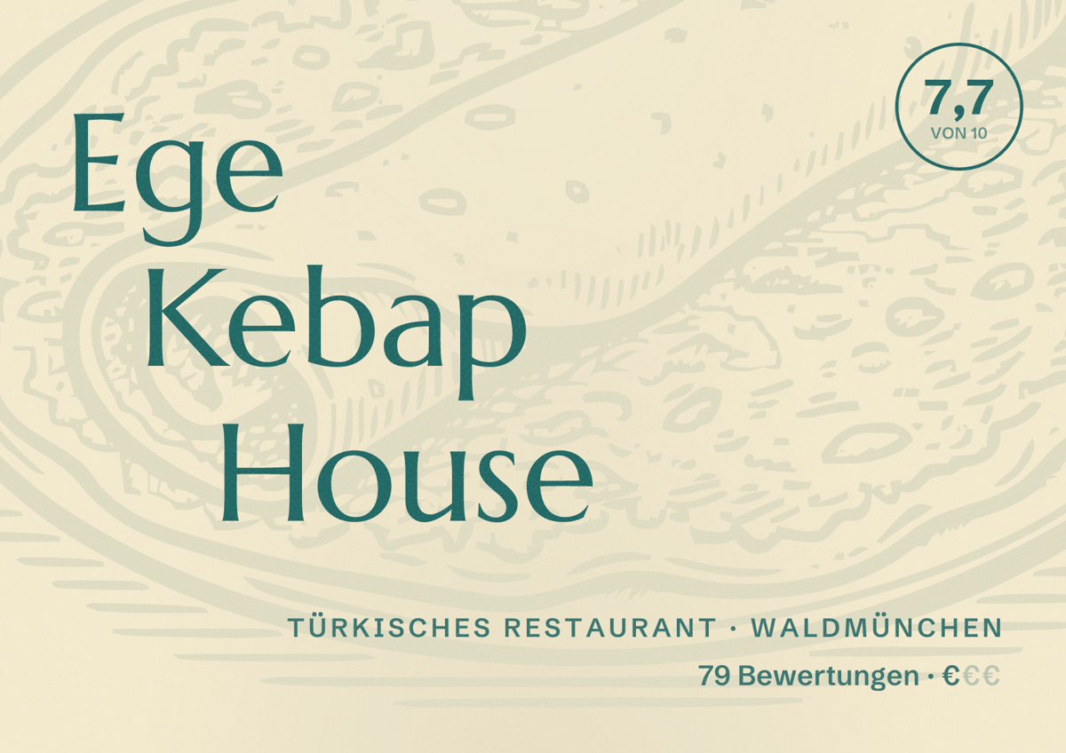 Illustriertes Poster von Ege Kebap House, Türkisches Restaurant in Waldmünchen: Bewertung 7,7 von 10 aus 79 Bewertungen, Preisniveau €