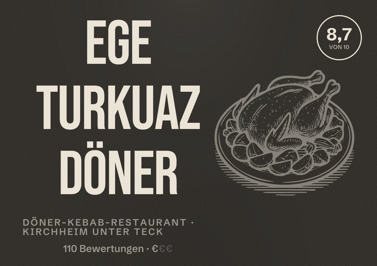 Illustriertes Poster von Ege Turkuaz Döner, Döner-Kebab-Restaurant in Kirchheim unter Teck: Bewertung 8,7 von 10 aus 110 Bewertungen, Preisniveau €